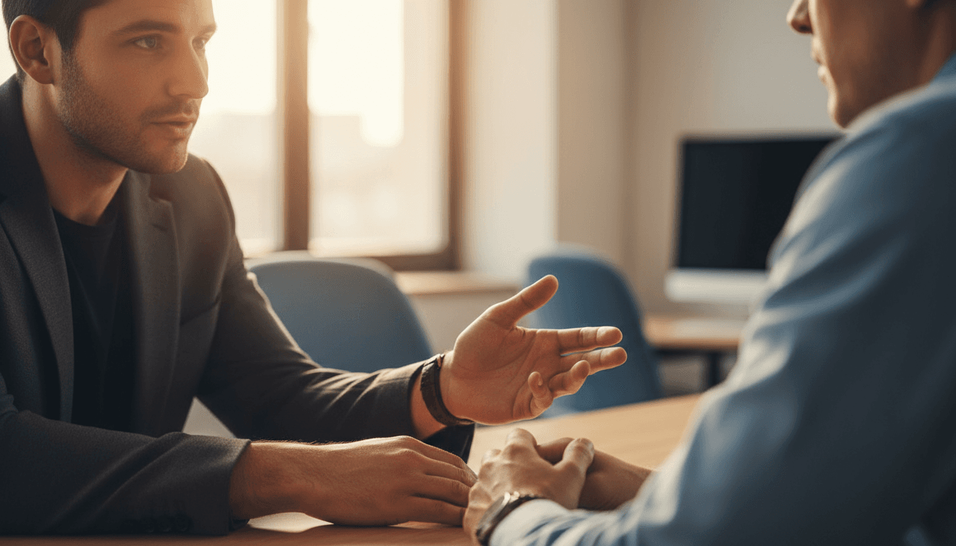 Two professionals in engaged business discussion