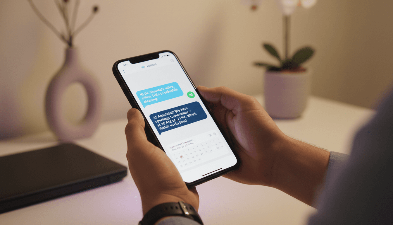 Dental practice owner using AI voice assistant on smartphone