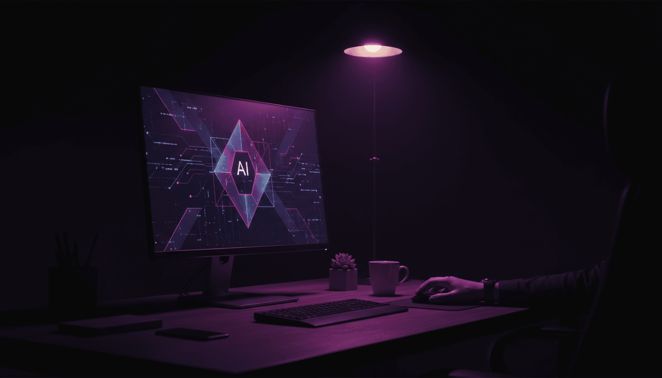 Modern dark workspace with AI interface on monitor and purple accent lighting
